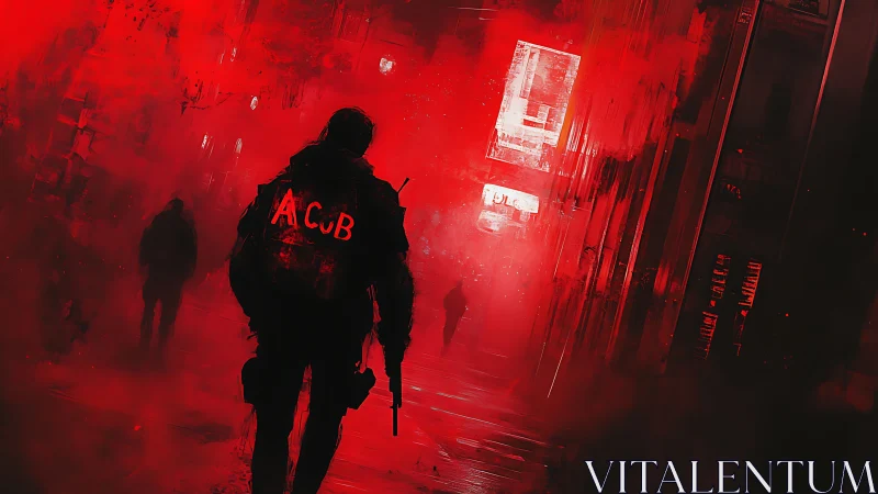 Silhouetted figure walks through red-graded urban corridor