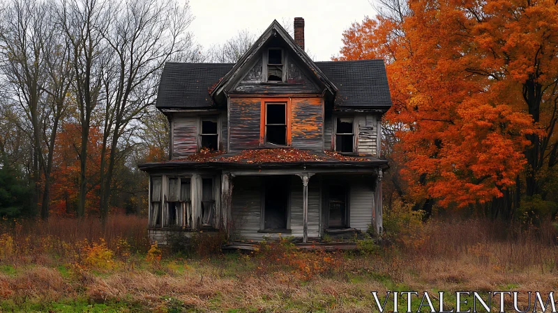 Weather-beaten ghost house leans into a blaze of autumn fire
