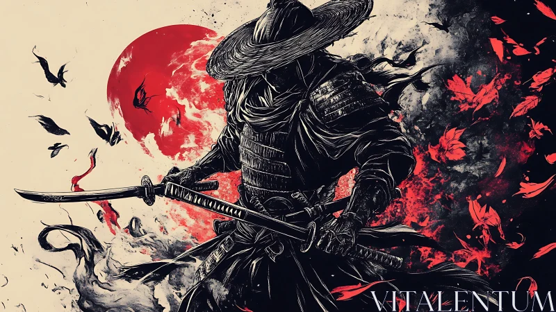 Ronin swordsman silhouette before blood-red lunar eclipse