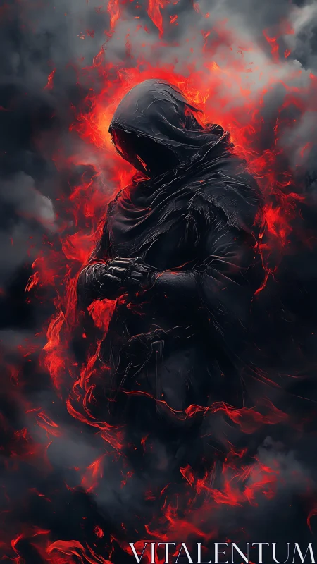 Hooded ember spirit wrapped in swirling crimson firestorm.