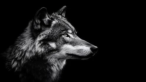 Monochrome wolf portrait in high-contrast photorealism.
