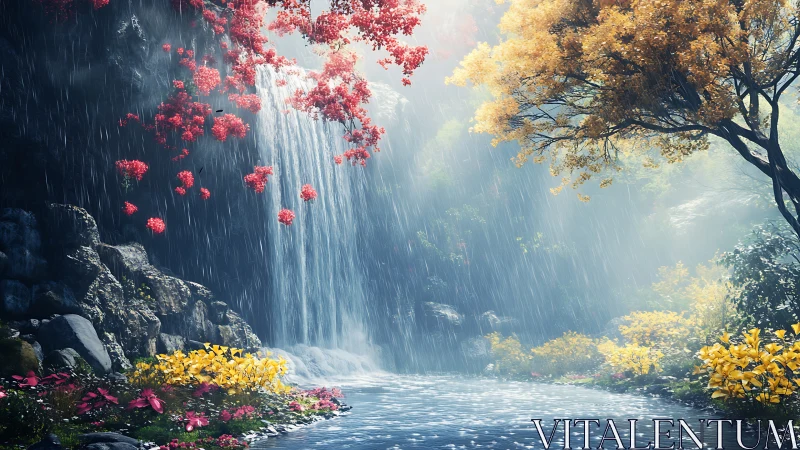 Rendered forest waterfall scene depicts rain over colorful foliage
