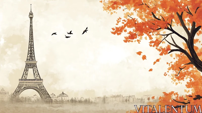 Eiffel Tower stands beside vivid orange autumn tree in Paris