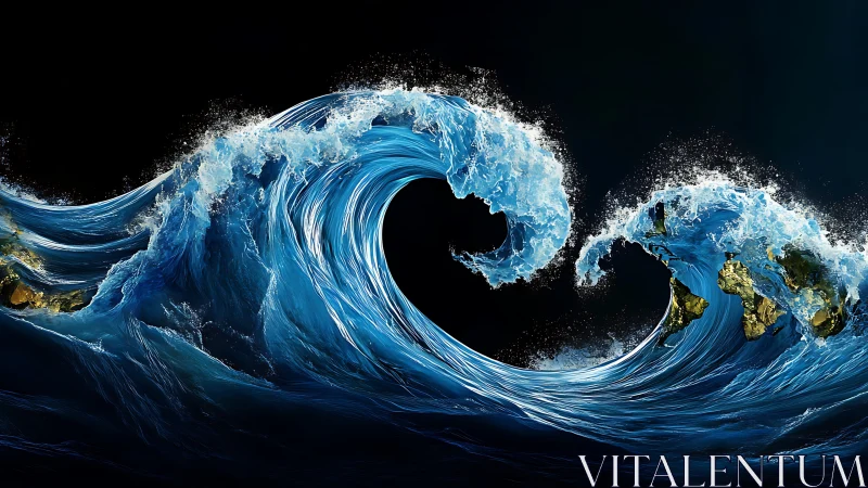 Digital seascape of stylized blue waves on black background.