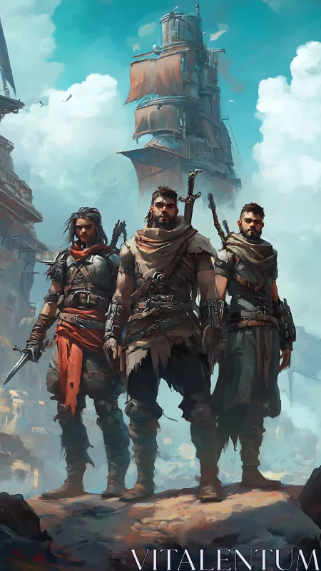 Stormborn desert corsairs guarding a sky-sailed warship.