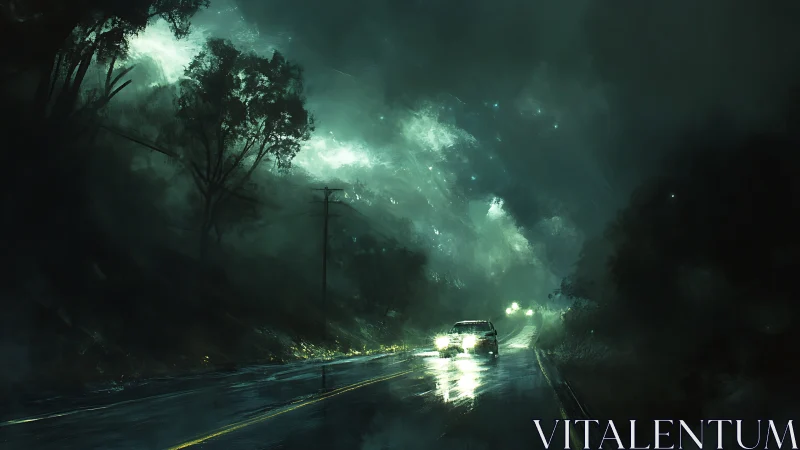 Night highway drifts through misty forest and spectral light.
