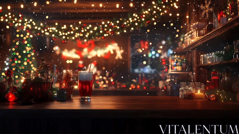 Festive bar counter with illuminated Christmas garlands and drink