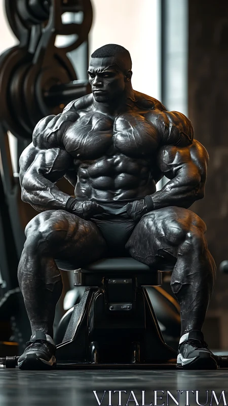 Steel-sculpted titan rests between sets in moody gym light.