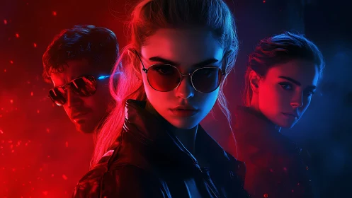 Neon-lit rebel trio in stylized red and blue portrait.