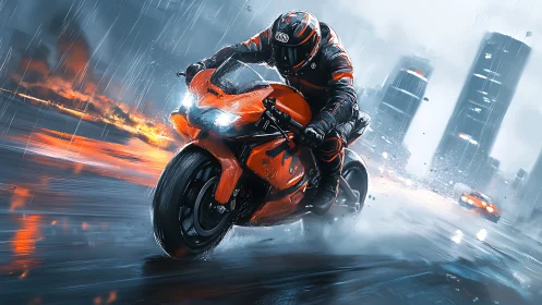 Dynamic orange superbike in cinematic rain pursuit scene.