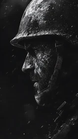 Weathered soldier profile in stark monochrome war portrait.