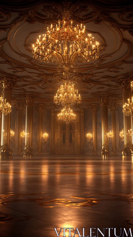 Ornate illuminated ballroom interior displays chandeliers and columns