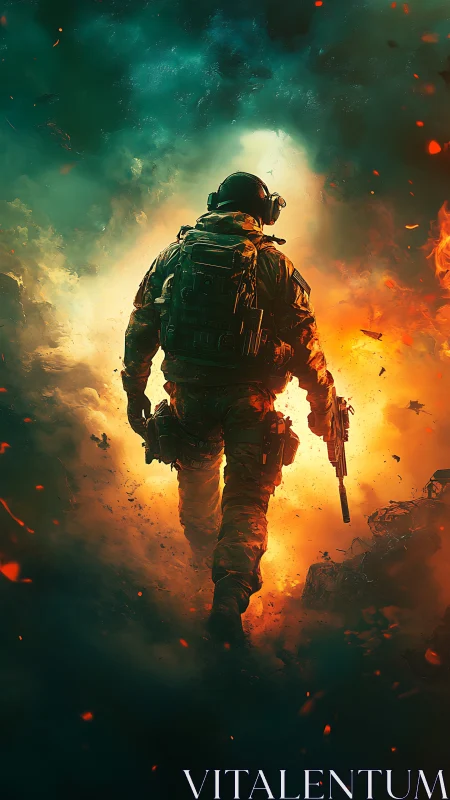 Soldier strides through inferno with teal smoke contrast.