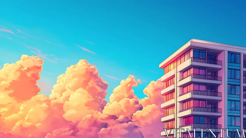 Modern apartment building against vivid sunset clouds.