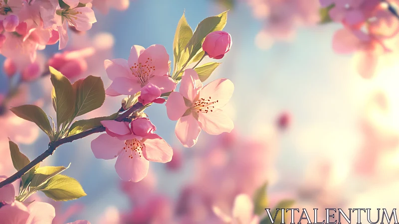 Pink Cherry Blossoms Against Blue Sky.