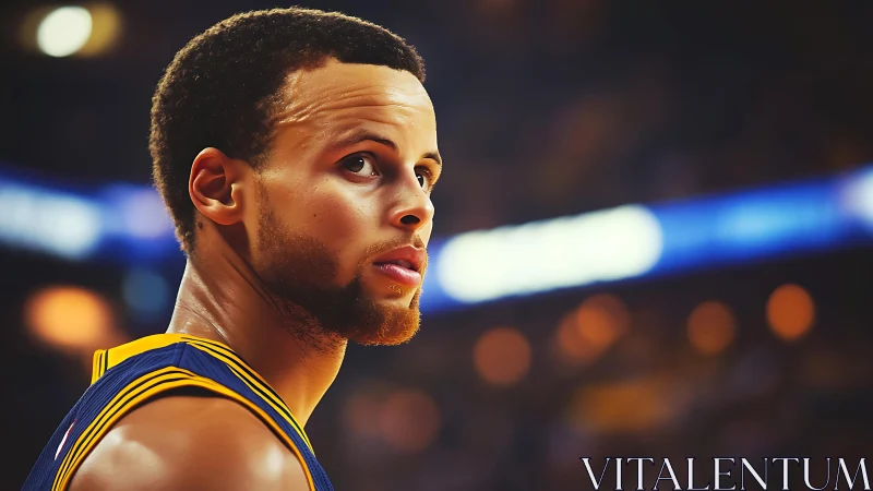 Basketball player viewed in profile under arena lighting