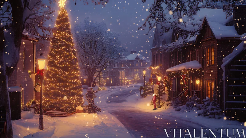 Photorealistic winter street with illuminated Christmas tree scene.