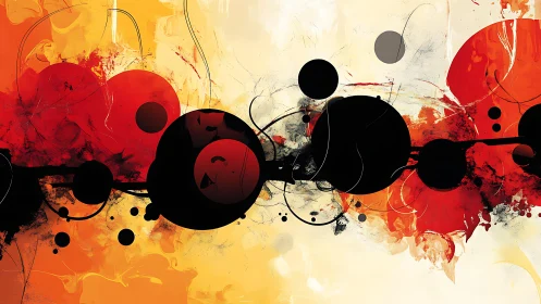 Abstract geometric painting with black circles and vivid red hues.