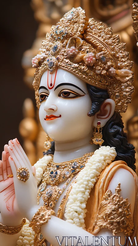 Graceful deity statue in golden adornment and gentle prayer.