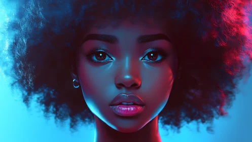 Neon-lit afro portrait with luminous cyan and magenta glow.