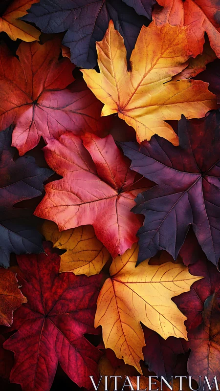 Cozy carpet of maple leaves in glowing autumn colors.