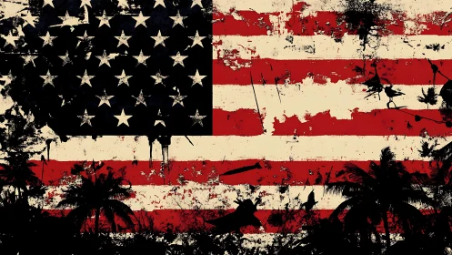 Tropical silhouettes scratch gritty stories across a worn flag