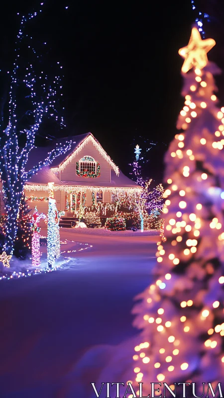 Snow-covered residential house is illuminated with dense lights