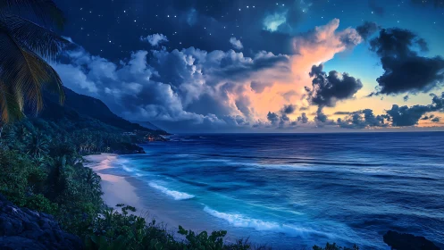 Tropical coastline under luminous twilight sky and stars