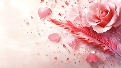 Pink Rose with Heart and Feather Romantic Illustration