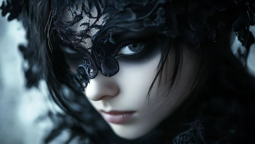 Gothic masked gaze in moody blue-toned close-up portrait.