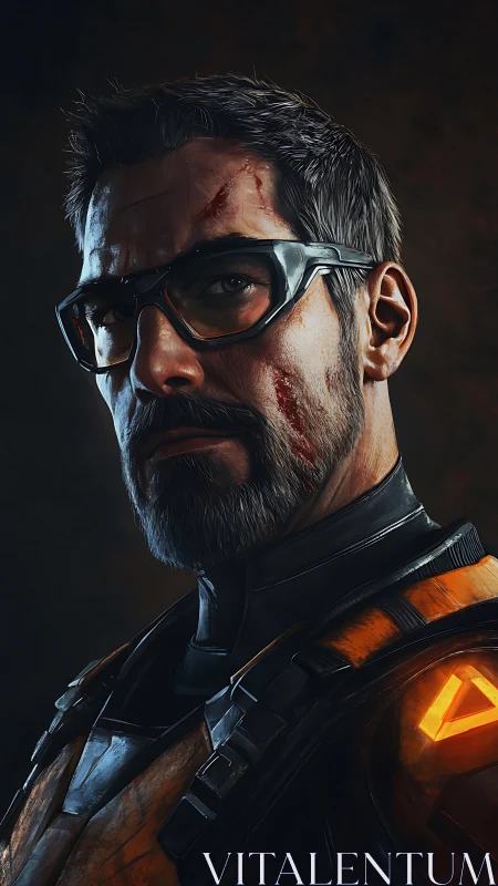 Battle-worn hero gazes forward with calm, determined focus