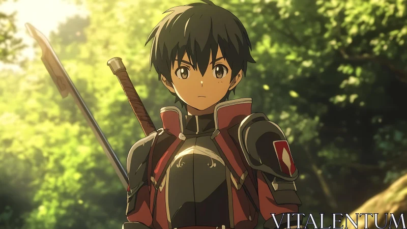 Anime forest swordsman in red plate armor under dappled light