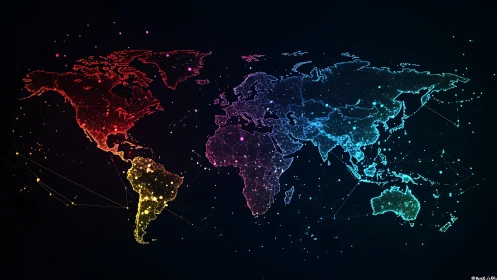 Colorful digital world map glows with connected continents