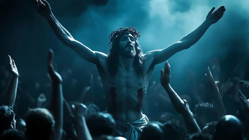 Dramatic blue-lit Christ figure rises above a worshipping crowd