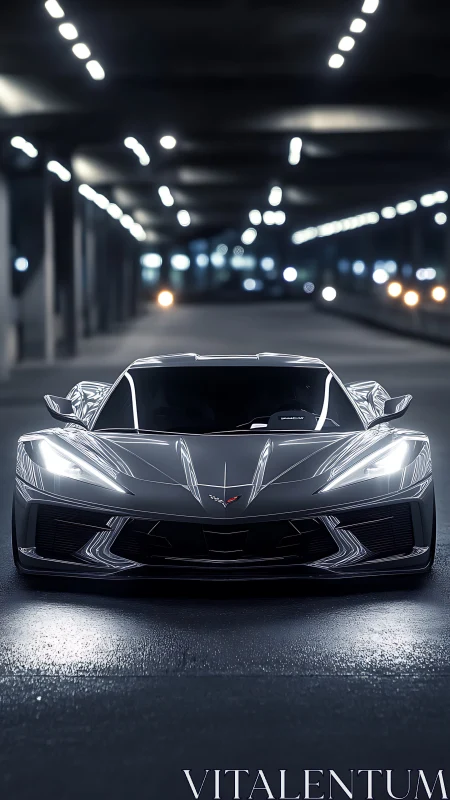 Low black supercar stands under tunnel lights at night
