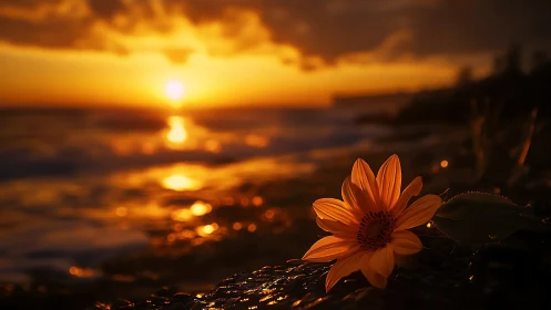 Macro shoreline flower against glowing ocean sunset horizon