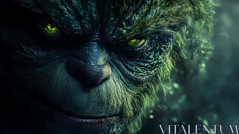 Green-skinned creature face rendered with intense yellow eyes