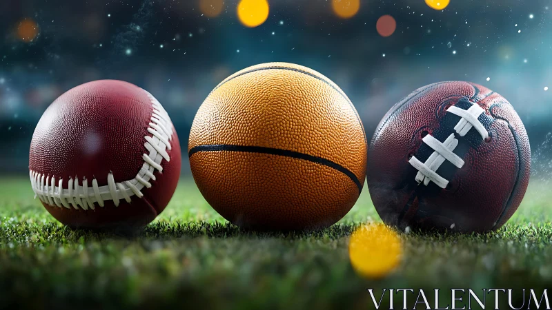Three sports balls on grass under stadium style lighting.