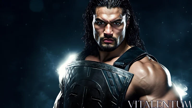 Armored warrior portrait with intense muscular presence.