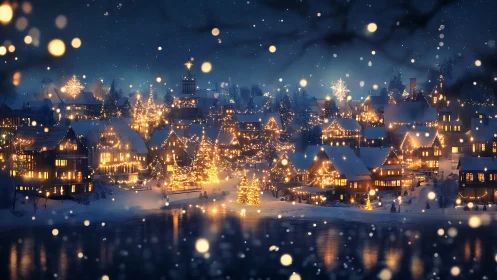 Lantern-lit winter village humming under midnight snowfall.