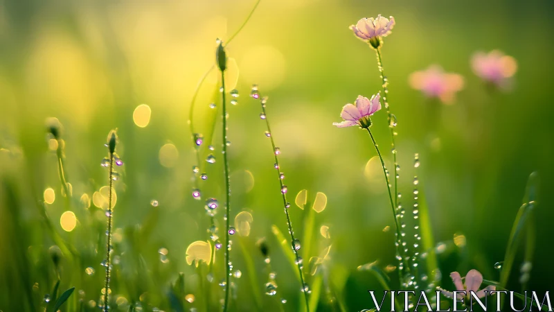 Pink Wildflowers with Dew Drops in Soft Meadow Light.