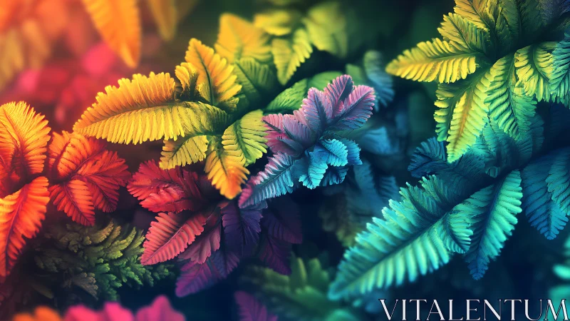 Chromatic fractal fern array with volumetric depth rendering.