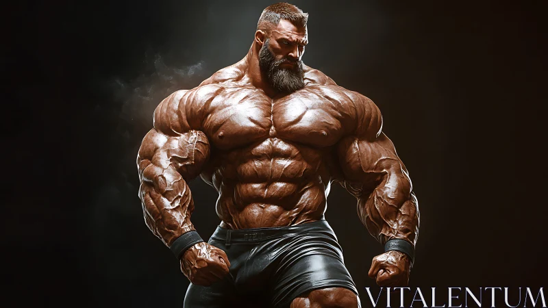 Hyperreal muscular bodybuilder under dramatic rim lighting.