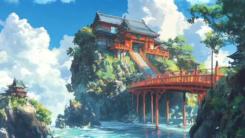 Clifftop vermilion temple complex with elevated wooden bridge.