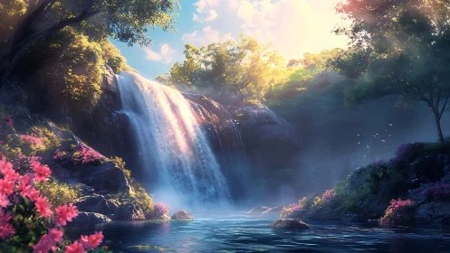 Sunlit forest waterfall over mossy rocks in tranquil cove