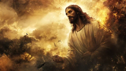 Radiant robed savior emerging through golden stormlight.