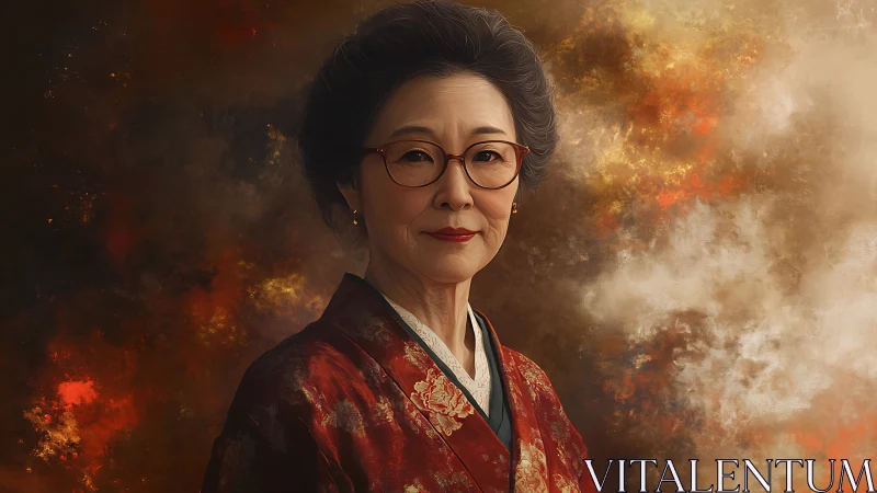 Gentle elder in a red kimono stands with quiet confidence