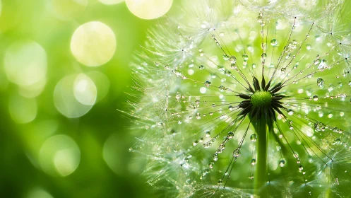 Dandelion seeds sparkling with gentle morning dewdrops.