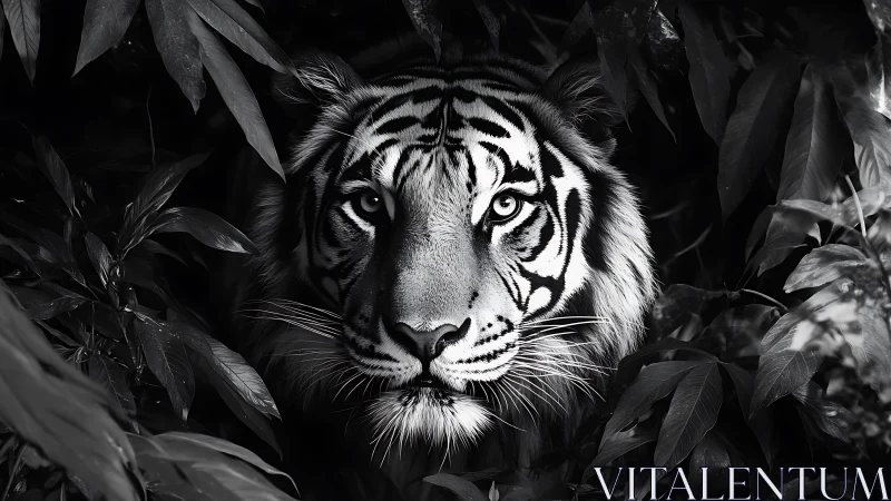 Steady tiger gaze emerges softly from deep jungle shadows