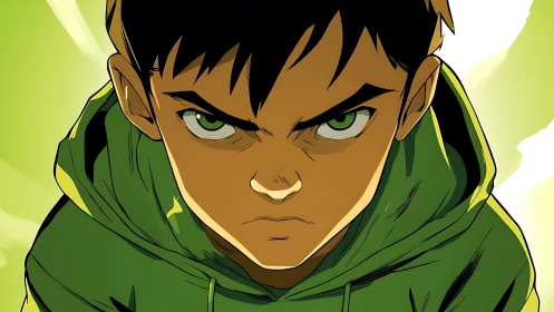 Determined young hero glares ahead in bold green light.